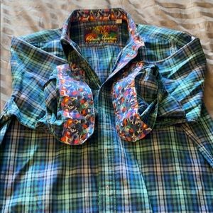 Robert Graham Blue and Green Plaid Casual Button Down Shirt